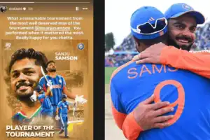 பெருமகிழ்ச்சி சேட்டா! சஞ்சு சாம்சனுக்கு கோஹ்லி வாழ்த்து